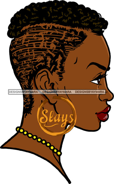 Slays Black Woman Face Side View Gold Earrings Necklace Lipstick Makeup Dreadlocks Locs Dreads Hairs Hair Boy Cut Head Tattoo Classy Mature Girl Magic Melanin Nubian African American Lady SVG JPG PNG Vector Clipart Cricut Silhouette Cut Cutting