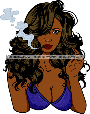 Sexy Hot Woman Smoking Cigarette Weed Smoke Wearing Blue Bra Cleavage Lipstick Makeup Wavy Long Hairs Hair Classy Mature Girl Magic Melanin Nubian African American Lady SVG JPG PNG Vector Clipart Cricut Silhouette Cut Cutting
