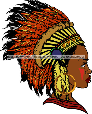 Afro Woman Wearing Feathers Side View African Native American Indigenous Culture Indian Feathers SVG JPG PNG Vector Clipart Cricut Silhouette Cut Cutting