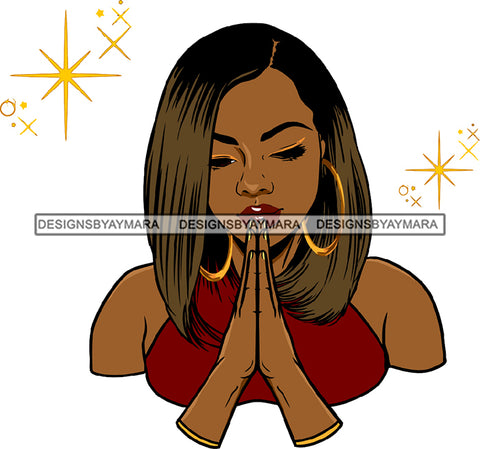 Praying Black Woman Gold Earrings Lipstick Makeup Straight Hairs Hair Praying Hands Closed Eyes Sleeveless Dress Classy Mature Girl Magic Melanin Nubian African American Lady SVG JPG PNG Vector Clipart Cricut Silhouette Cut Cutting