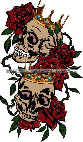 Two Skull Head Skeleton Couple Partners Love Dead Death Human Bone Red Rosses Flowers Rose Love Gold Diamond Crown SVG PNG JPG Cut Files For Silhouette Cricut and More!