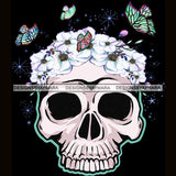 Skull Art With Butterflies And White Flowers JPG PNG  Clipart Cricut Silhouette Cut Cutting