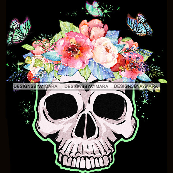 Skull Art With Butterflies And Pink And White Flowers JPG PNG  Clipart Cricut Silhouette Cut Cutting