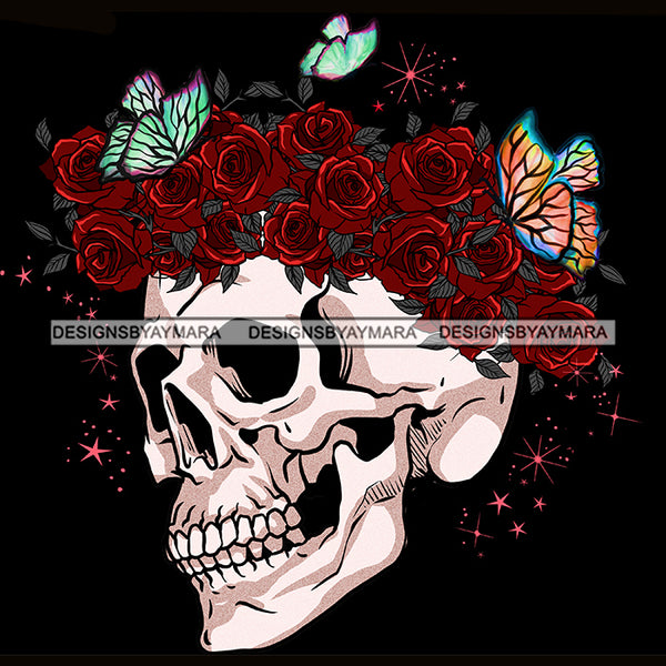 Skull Art Neckbone With Butterflies And Red Roses JPG PNG  Clipart Cricut Silhouette Cut Cutting