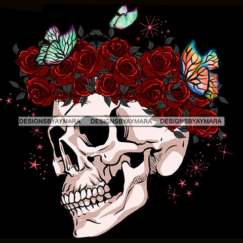 Skull Art Neckbone With Butterflies And Red Roses JPG PNG  Clipart Cricut Silhouette Cut Cutting