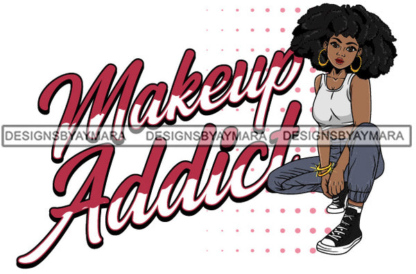 Makeup Addict Hot Woman Wearing Pant Shirt Golden Gold Bracelet Earrings Lipstick Makeup Curly Black Hairs Hair Classy Mature Girl American Lady SVG JPG PNG Vector Clipart Cricut Silhouette Cut Cutting