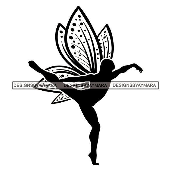 Fairy Male Man Wings Flying Fantasy Dancing Butterfly Wings B/W SVG JPG PNG Vector Clipart Cricut Silhouette Cut Cutting
