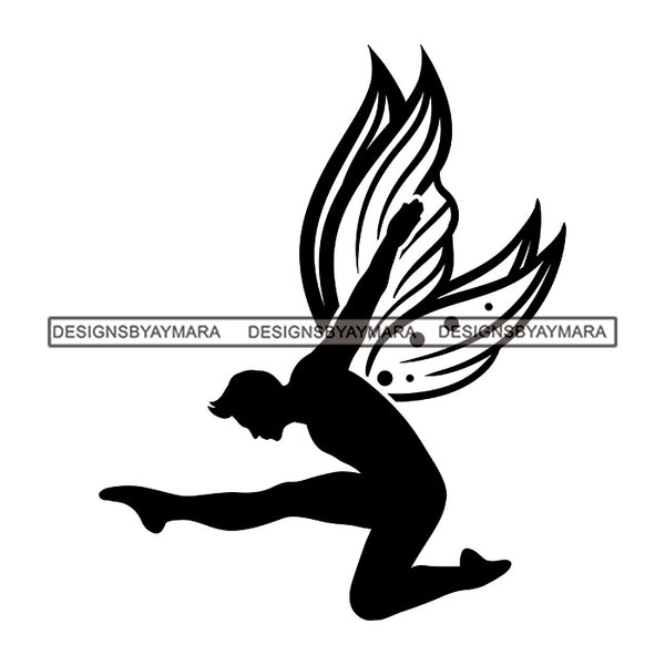 Fairy Male Man Wings Flying Fantasy Dancing Butterfly Wings B/W SVG JPG PNG Vector Clipart Cricut Silhouette Cut Cutting