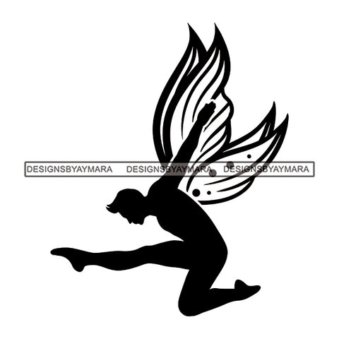 Fairy Male Man Wings Flying Fantasy Dancing Butterfly Wings B/W SVG JPG PNG Vector Clipart Cricut Silhouette Cut Cutting