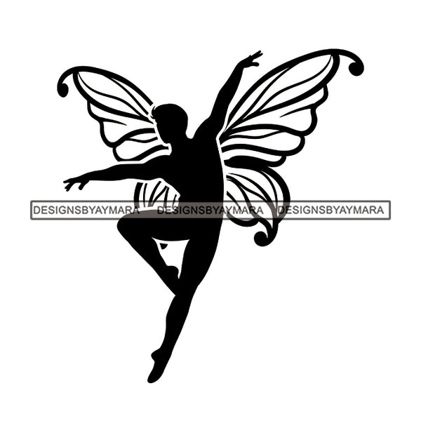 Fairy Male Man Wings Flying Fantasy Dancing Butterfly Wings B/W SVG JPG PNG Vector Clipart Cricut Silhouette Cut Cutting