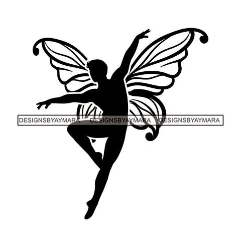 Fairy Male Man Wings Flying Fantasy Dancing Butterfly Wings B/W SVG JPG PNG Vector Clipart Cricut Silhouette Cut Cutting