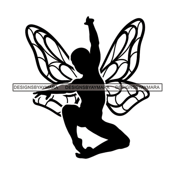 Fairy Male Man Wings Flying Fantasy Dancing Butterfly Wings B/W SVG JPG PNG Vector Clipart Cricut Silhouette Cut Cutting