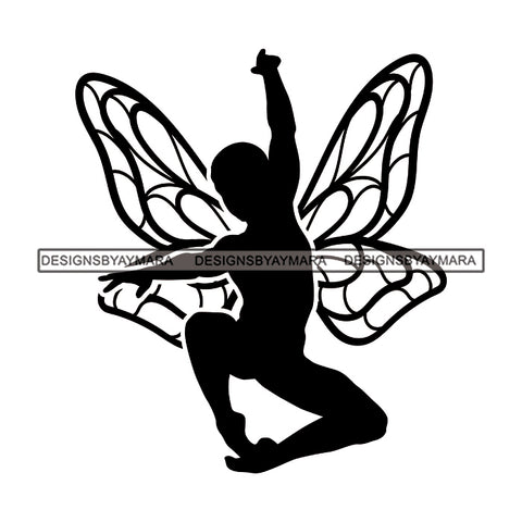 Fairy Male Man Wings Flying Fantasy Dancing Butterfly Wings B/W SVG JPG PNG Vector Clipart Cricut Silhouette Cut Cutting