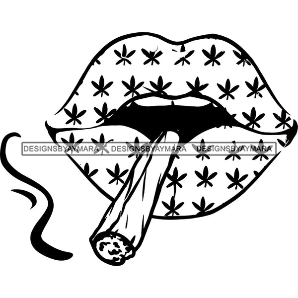 Sexy Lips Marijuana Leaves Tattoo Smoking Cannabis Recreational Drug B/W SVG JPG PNG Vector Clipart Cricut Silhouette Cut Cutting