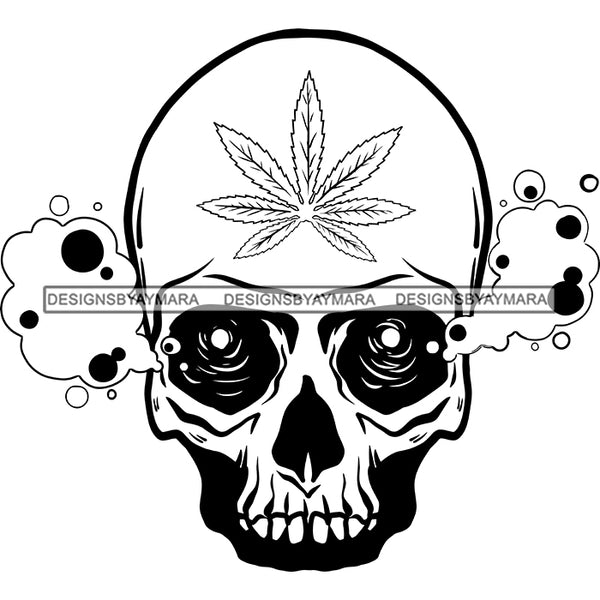 Skull Smoke Eyes Marijuana Leaf Forehead Blunt Recreational Medicinal Drug B/W SVG JPG PNG Vector Clipart Cricut Silhouette Cut Cutting