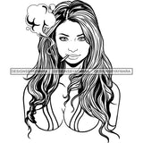 Sexy Woman Bikini Top Smoking Weed Joint Recreational Wavy Long Hairstyle B/W SVG JPG PNG Vector Clipart Cricut Silhouette Cut Cutting