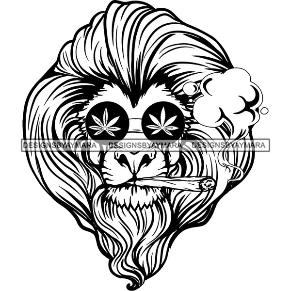 Lion Head Marijuana Leaves Sunglasses Smoking Joint Cannabis Weed Grass B/W SVG JPG PNG Vector Clipart Cricut Silhouette Cut Cutting