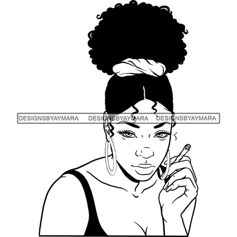 Sexy Afro Woman Smoking Marijuana Hoop Earrings Updo Puffy Afro Hairstyle B/W SVG JPG PNG Vector Clipart Cricut Silhouette Cut Cutting
