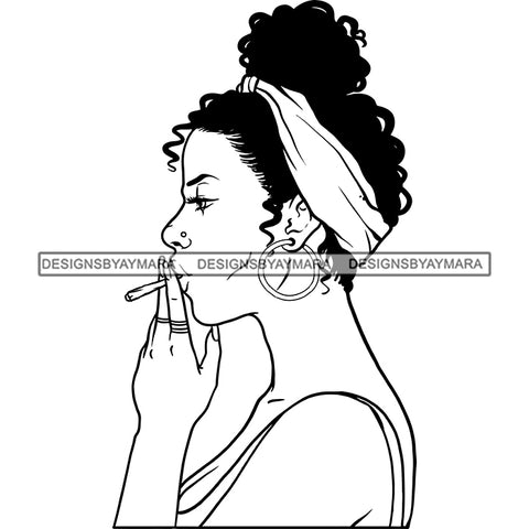 Sexy Afro Woman Profile Smoking Weed Headwrap Updo Puffy Afro Hairstyle B/W SVG JPG PNG Vector Clipart Cricut Silhouette Cut Cutting