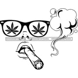 Transparent Woman Face Marijuana Leaves Sunglasses Smoking Joint Doobie B/W SVG JPG PNG Vector Clipart Cricut Silhouette Cut Cutting