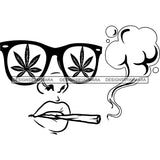 Transparent Woman Face Nose Ring Marijuana Leaves Sunglasses Smoking Joint B/W SVG JPG PNG Vector Clipart Cricut Silhouette Cut Cutting