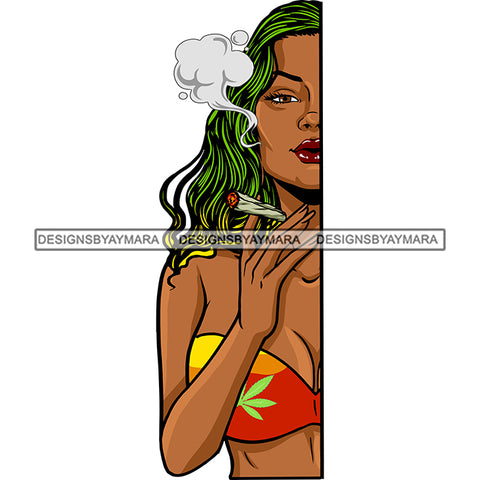 Sexy Woman Half Body Bikini Top Smoking Doobie Rasta Long Wavy Hairstyle SVG JPG PNG Vector Clipart Cricut Silhouette Cut Cutting
