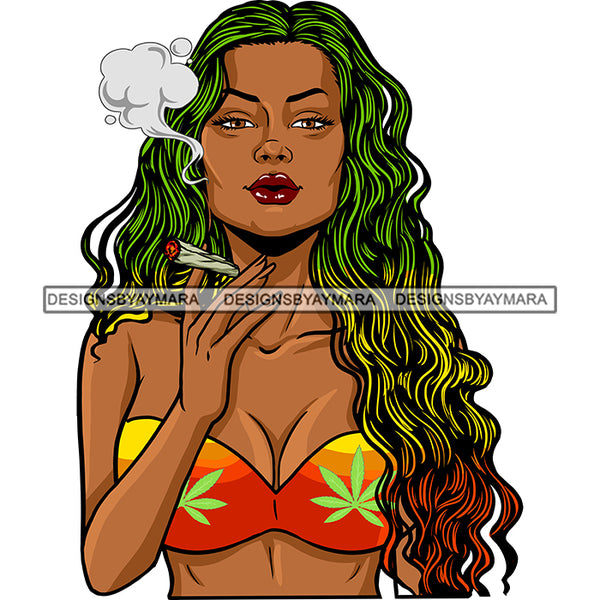 Sexy Woman Bikini Top Smoking Weed Recreational Rasta Long Wavy Hairstyle SVG JPG PNG Vector Clipart Cricut Silhouette Cut Cutting