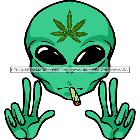 Alien Extraterrestrial Smoking Weed Blunt Cannabis Marijuana Hands Peace Sign SVG JPG PNG Vector Clipart Cricut Silhouette Cut Cutting