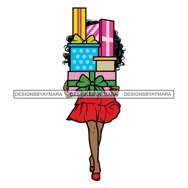 Black Woman Carrying Christmas Packages Wearing Red SVG JPG PNG Vector Clipart Cricut Silhouette Cut Cutting