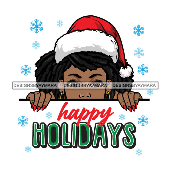 Peek A Boo Happy Holiday Black Woman Wearing Red Santa Hat SVG JPG PNG Vector Clipart Cricut Silhouette Cut Cutting
