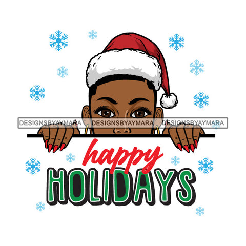 Peek A Boo Happy Holiday Black Woman Wearing Red Santa Hat Short Afro SVG JPG PNG Vector Clipart Cricut Silhouette Cut Cutting