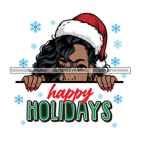 Peek A Boo Happy Holiday Black Woman Wearing Red Santa Hat Long Hair SVG JPG PNG Vector Clipart Cricut Silhouette Cut Cutting
