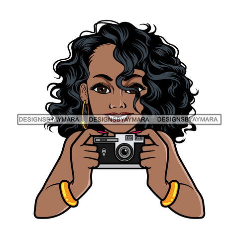Photographer Black Woman Wavy Hair Camera Snapshots  SVG JPG PNG Vector Clipart Cricut Silhouette Cut Cutting