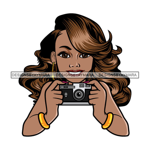 Photographer Black Woman Long Brown Hair Camera Snapshots  SVG JPG PNG Vector Clipart Cricut Silhouette Cut Cutting