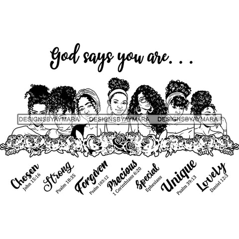 Seven Afro Beautiful Women God Says You Are Strong Religious Quotes Roses Sistas Melanin Nubian B/W SVG JPG PNG Vector Clipart Cricut Silhouette Cut Cutting