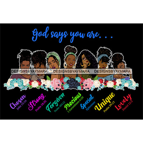 Seven Afro Beautiful Women God Says You Are Strong Religious Quotes Roses Sistas Melanin Nubian Dark Background SVG JPG PNG Vector Clipart Cricut Silhouette Cut Cutting