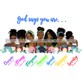 Seven Afro Beautiful Women God Says You Are Strong Religious Quotes Roses Sistas Melanin Nubian White Background SVG JPG PNG Vector Clipart Cricut Silhouette Cut Cutting
