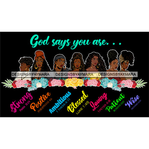 Seven Afro Beautiful Women God Says You Are Wise Religious Quotes Roses Sistas Melanin Nubian Dark Background SVG JPG PNG Vector Clipart Cricut Silhouette Cut Cutting