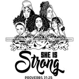 Five Afro Beautiful Ladies She Is Strong Religious Quotes Roses Sistas Melanin Nubian B/W SVG JPG PNG Vector Clipart Cricut Silhouette Cut Cutting