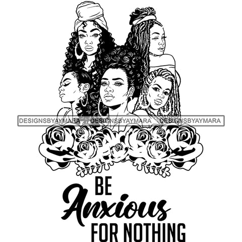 Five Afro Beautiful Ladies Life Quotes Roses Sistas Melanin Nubian B/W SVG JPG PNG Vector Clipart Cricut Silhouette Cut Cutting