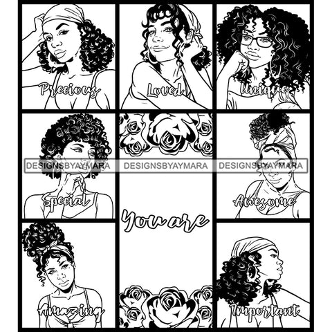 Seven Afro Beautiful Women Portraits Bundle You Are Precious Life Quotes Roses Sistas Melanin Nubian B/W SVG JPG PNG Vector Clipart Cricut Silhouette Cut Cutting