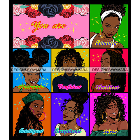 Seven Afro Beautiful Women Portraits Bundle You Are Educated Life Quotes Roses Sistas Melanin Nubian SVG JPG PNG Vector Clipart Cricut Silhouette Cut Cutting