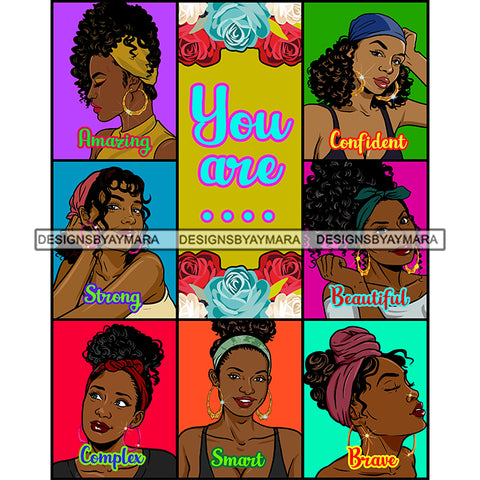 Seven Afro Beautiful Women Portraits Bundle You Are Confident Life Quotes Roses Sistas Melanin Nubian SVG JPG PNG Vector Clipart Cricut Silhouette Cut Cutting