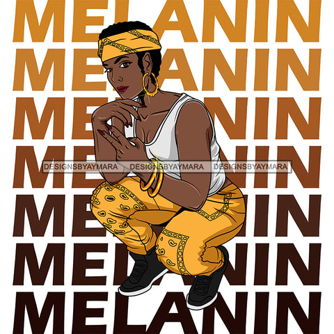 Melanin Black Woman Kneeling In Gold Yellow Pants And Headwrap SVG JPG PNG Vector Clipart Cricut Silhouette Cut Cutting