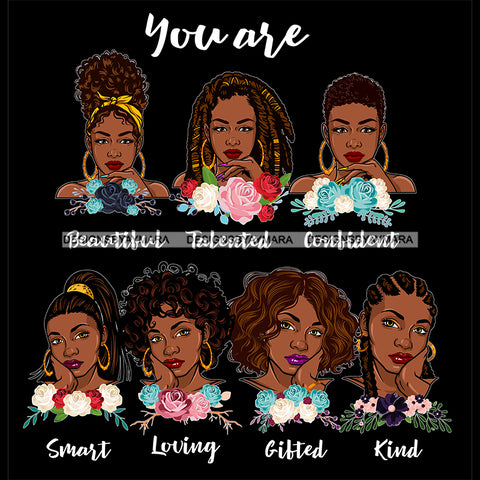 Afro Women Together You Are Confident Talented Life Quotes Divas Flowers Dark Background SVG JPG PNG Vector Clipart Cricut Silhouette Cut