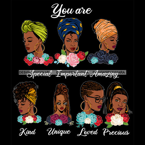 Afro Women Together You Are Unique Loved Life Quotes Divas Dark Background SVG JPG PNG Vector Clipart Cricut Silhouette Cut