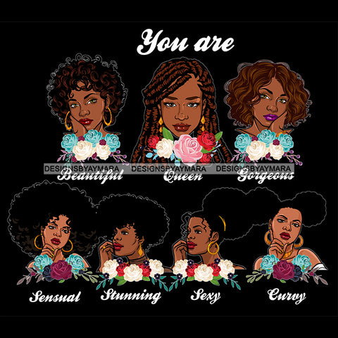 Afro Women Together You Are Sexy Curvy Life Quotes Divas Flowers Dark Background SVG JPG PNG Vector Clipart Cricut Silhouette Cut