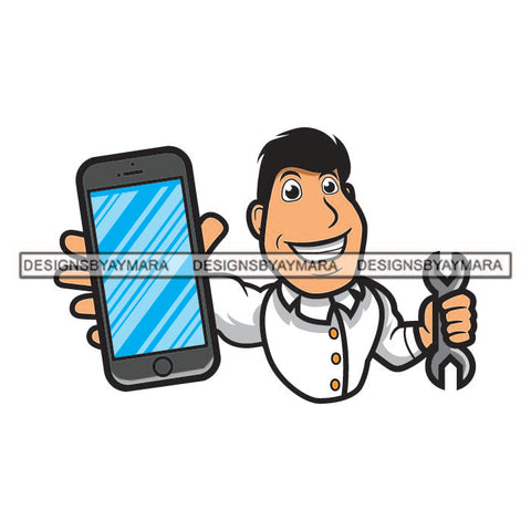 Smiling Mechanic Holding iPhone Mobile Phone Repair Service Service Tool Tattoo SVG PNG JPG Cut Files For Silhouette Cricut and More!