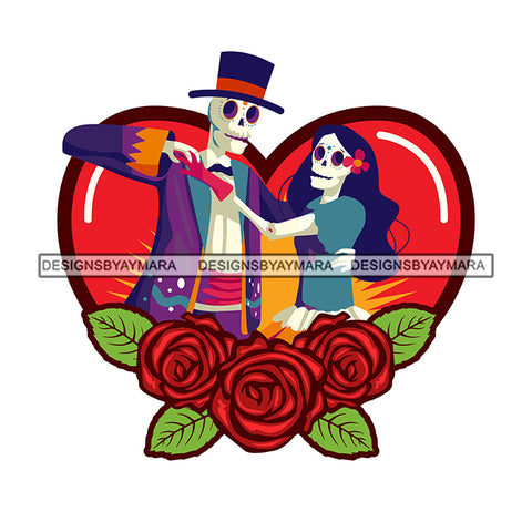 Cute Couple Skulls Death Dead Soulmates Relationship Forever Dancing Heart Tattoo Flowers Designs For T-Shirt and Other Products SVG PNG JPG Cutting Files For Silhouette Cricut and More!
