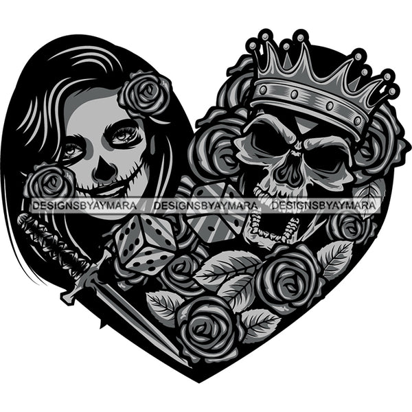 Skeleton Couple Heart Dice Knife Partners Love Skull Head Dead Death Human Bone Red Rosses Flowers Rose Love Romance Love Knife Crown SVG PNG JPG Cut Files For Silhouette Cricut and More!